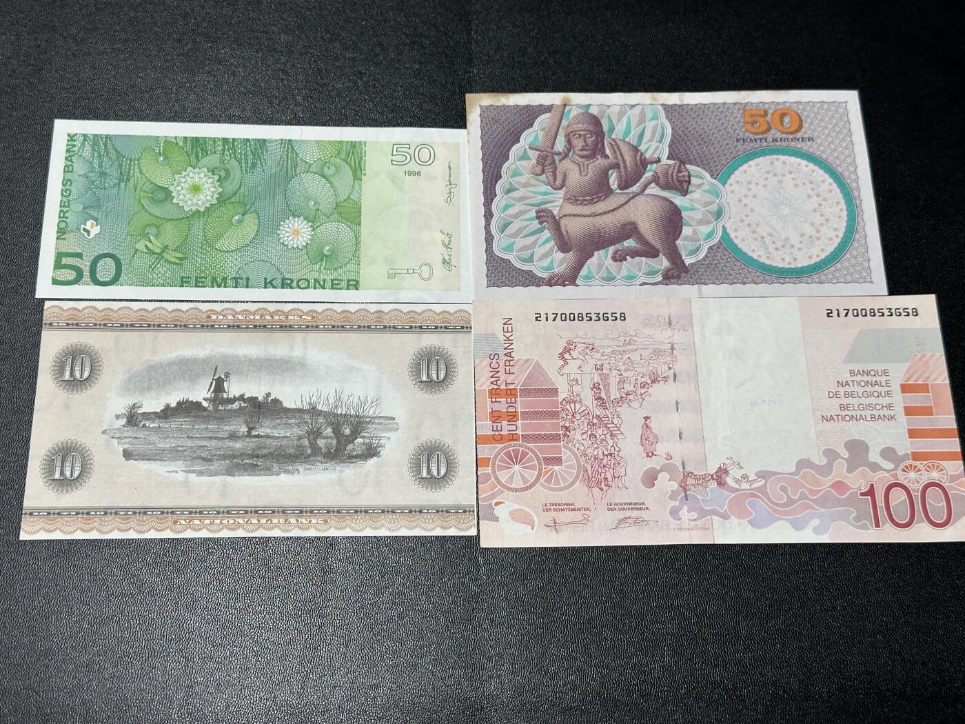 《外钞收藏家》第五百七十四期（精选场）（本平台长期征集拍品、欢迎藏友们联系合作） 挪威50克朗、瑞典50克朗、丹麦10克朗、比利时100法郎 四张一起 非全新 品相如图