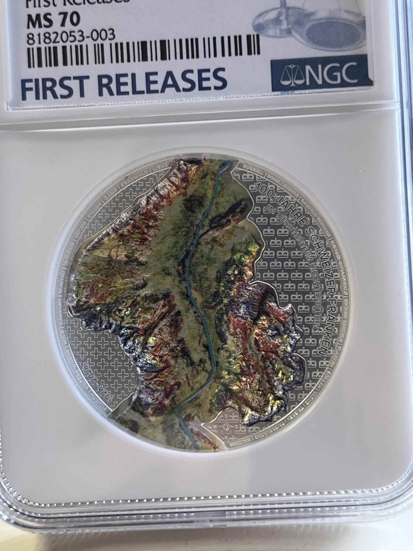 第177期拍卖【长期征集拍品】 首期蓝标NGC-MS70 列支敦士登2024年发行的瑞士法郎作为本国货币100周年彩银纪念币-5法郎（CIT超高浮雕工艺，1盎司克重，999纯银，限量发行5千枚，盒证齐全）
