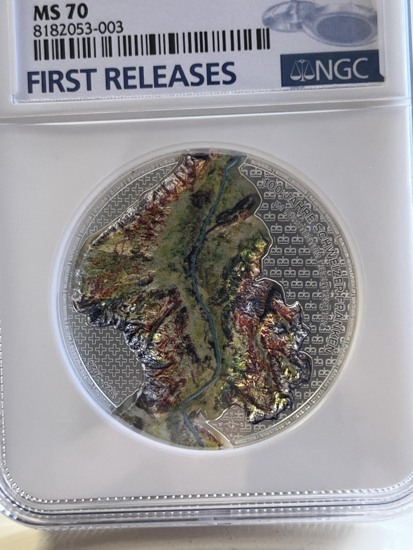 第177期拍卖【长期征集拍品】 首期蓝标NGC-MS70 列支敦士登2024年发行的瑞士法郎作为本国货币100周年彩银纪念币-5法郎（CIT超高浮雕工艺，1盎司克重，999纯银，限量发行5千枚，盒证齐全）