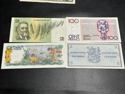 《外钞收藏家》第五百七十四期（精选场）（本平台长期征集拍品、欢迎藏友们联系合作） 澳大利亚2元、比利时100法郎、芬兰5马克、巴哈马1元 四张一起 非全新 品相如图