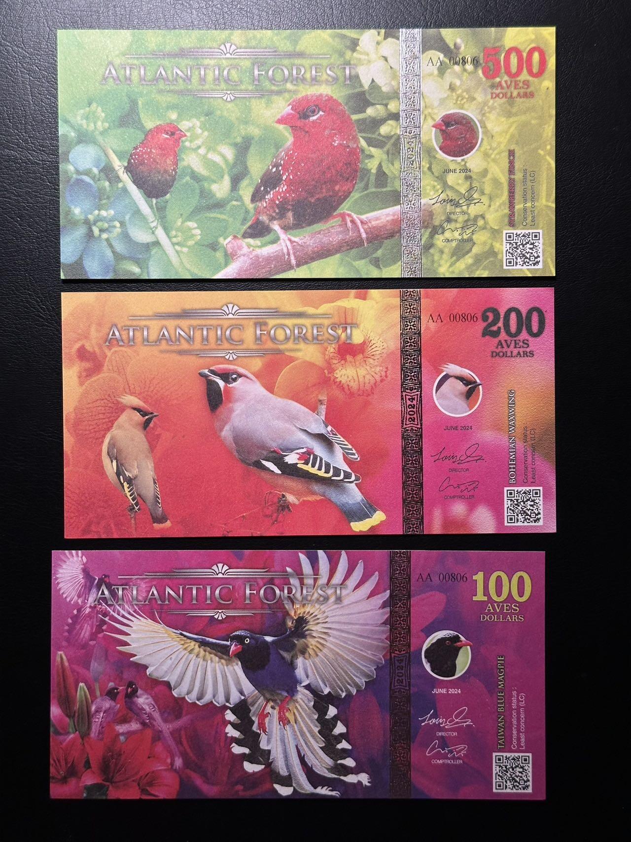 八十八场 2024年新钞！大西洋热带雨林 100 200 500 面值 3张同号鸟类商业钞