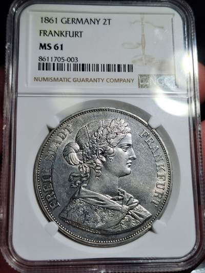 中外钱币第四场 - NGC-MS61分1861年德国法兰克福少女2泰勒银币