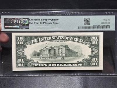 《外钞收藏家》第五百七十四期（精选场）（本平台长期征集拍品、欢迎藏友们联系合作） 1995年美国小头版10美元 PMG66 豹子身333 补号