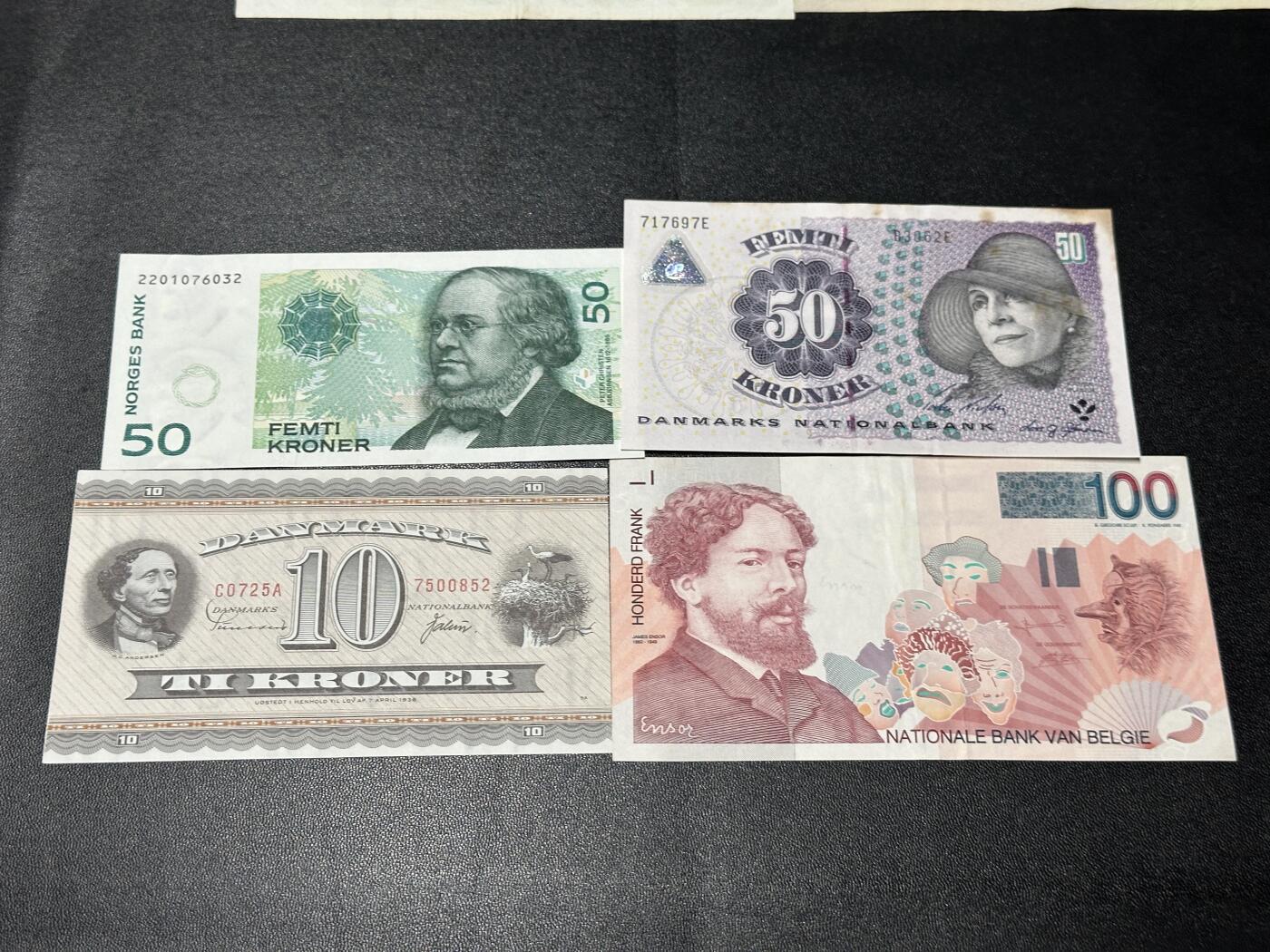 《外钞收藏家》第五百七十四期（精选场）（本平台长期征集拍品、欢迎藏友们联系合作） 挪威50克朗、瑞典50克朗、丹麦10克朗、比利时100法郎 四张一起 非全新 品相如图