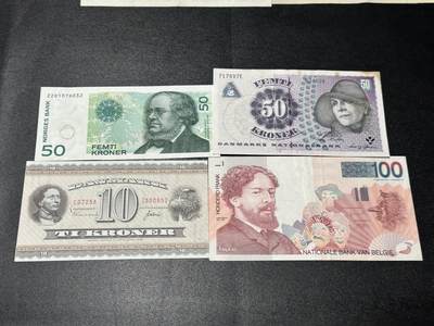 《外钞收藏家》第五百七十四期（精选场）（本平台长期征集拍品、欢迎藏友们联系合作） - 挪威50克朗、瑞典50克朗、丹麦10克朗、比利时100法郎 四张一起 非全新 品相如图