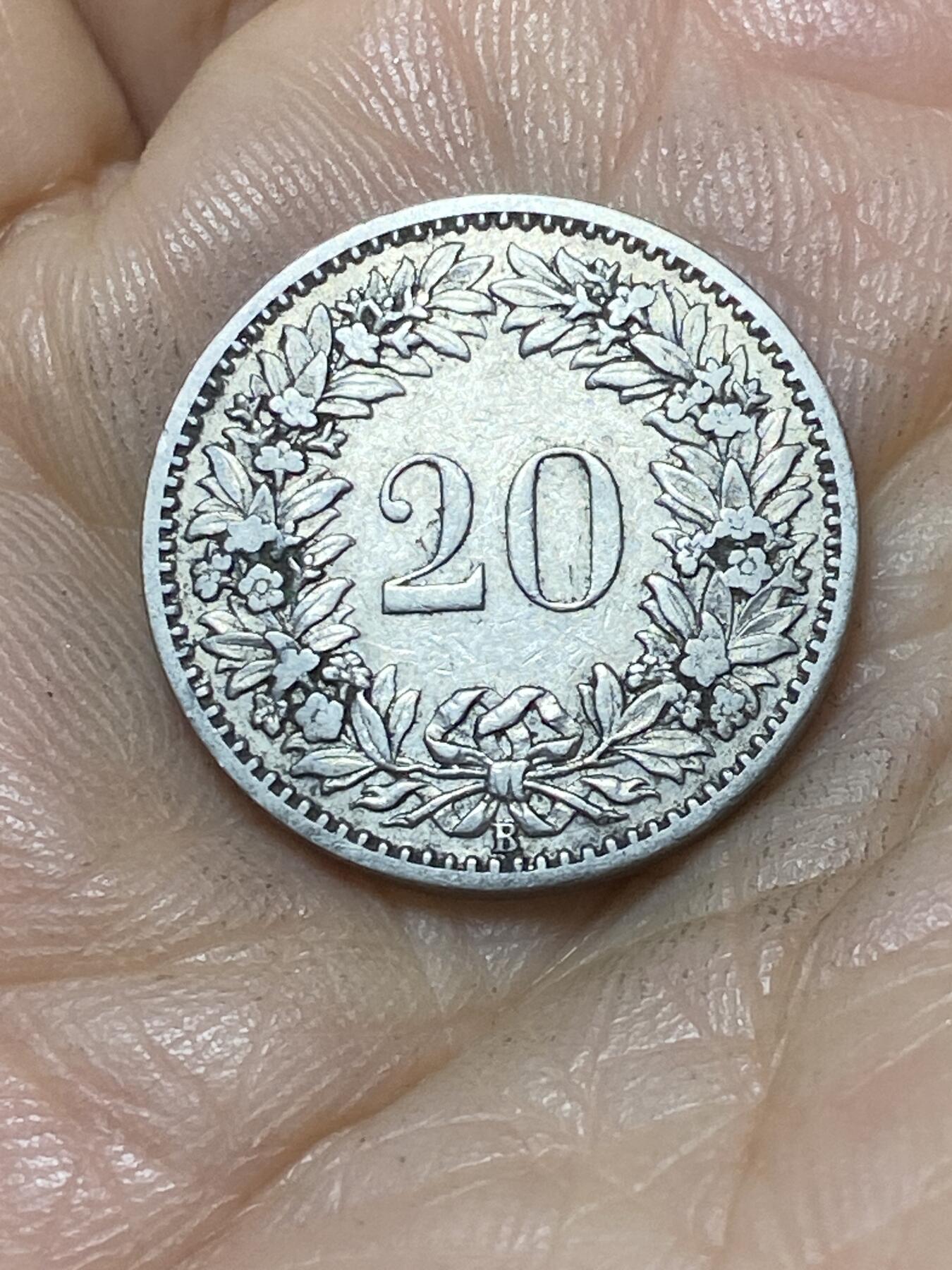 2025年第一百零七场(总第一百三十三场）外国好品散币(免佣金) 稀少早期年份–瑞士🇨🇭1896年20分(第二版纯镍材质，B标伯尔尼造)