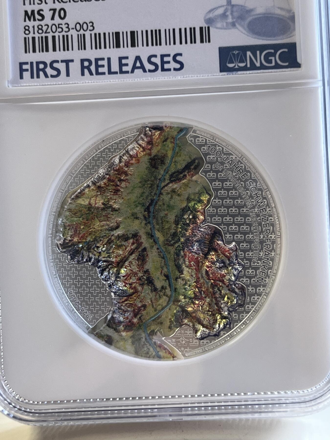 第177期拍卖【长期征集拍品】 首期蓝标NGC-MS70 列支敦士登2024年发行的瑞士法郎作为本国货币100周年彩银纪念币-5法郎（CIT超高浮雕工艺，1盎司克重，999纯银，限量发行5千枚，盒证齐全）