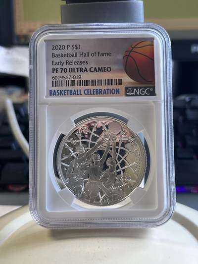 第177期拍卖【长期征集拍品】 - 首期NGC-PF70ULTRA CAMEO 美国2020年发行的篮球名人堂曲面精制纪念银币（26.73克重，999银，38.1MM，西点造币厂）,无盒无证书