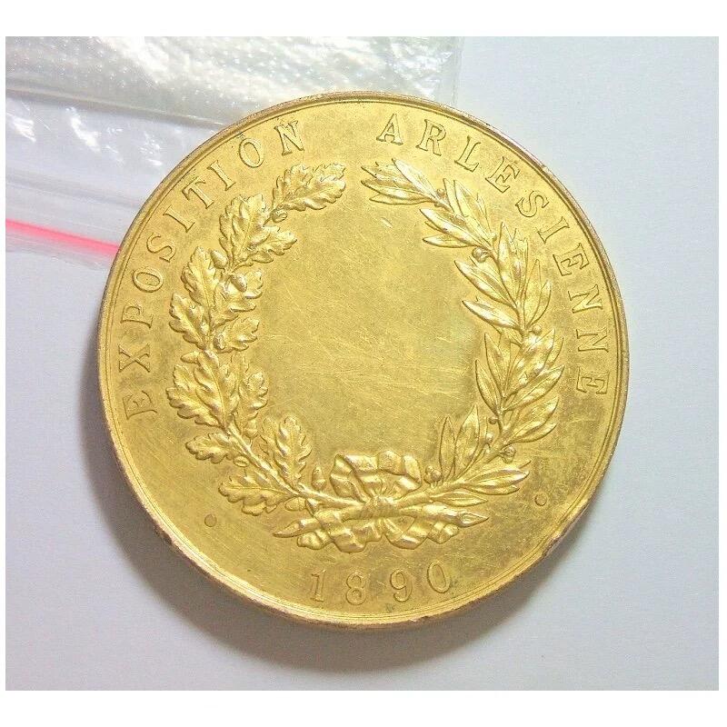 法国1890年阿尔勒市徽 狮子+城堡高浮雕精制大镀金章 50MM