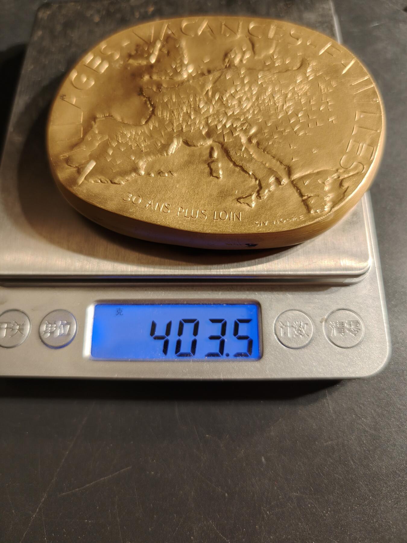 老王徽章第155期 法国镀金大铜章    带有欧洲地图元素    尺寸90×70mm.   重量403.9g
