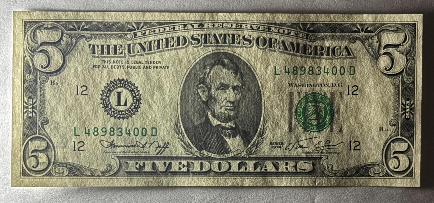 【礼羽收藏】🌏世界钱币拍卖第106期 拍卖延长30分钟 20:00开始 1974年 5美元 双尾00 实物图