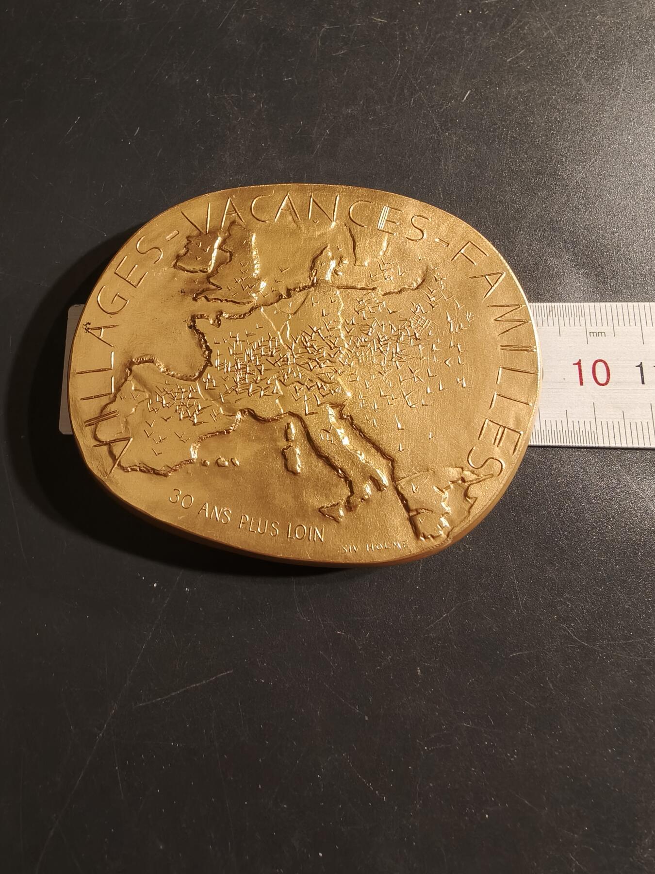 老王徽章第155期 法国镀金大铜章    带有欧洲地图元素    尺寸90×70mm.   重量403.9g