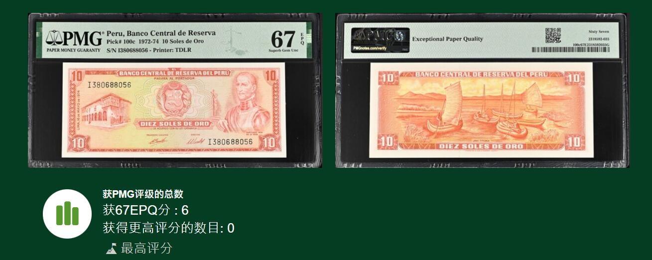 《艾美收藏》第215期-10.12周日外币畅拍 秘鲁1974年10索尔PMG67E唯六冠军分无47 Pick#100c
