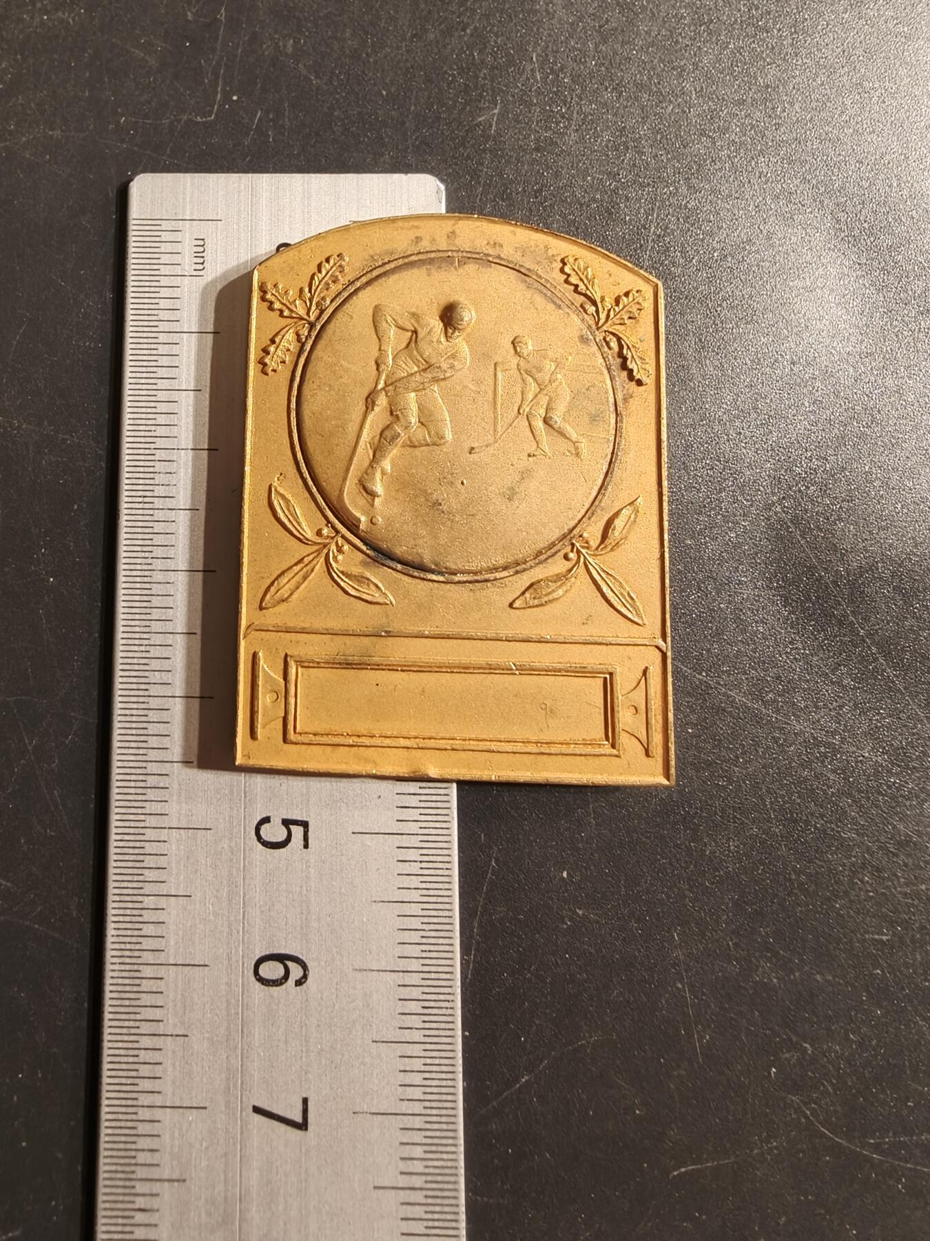 老王徽章第155期 法国曲棍球运动方形镀金大铜章     尺寸46×33mm.   重量37.5g