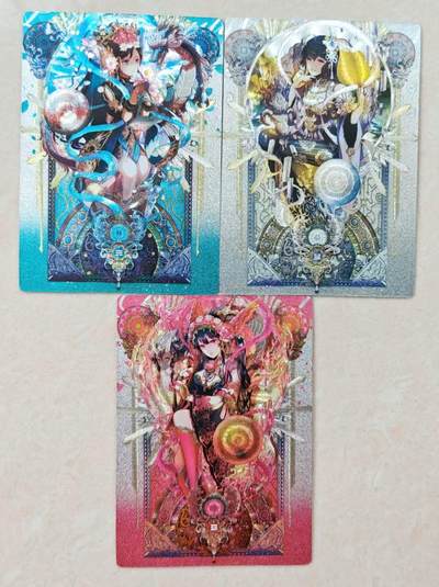 花开卡拍第42期（10月12号周日截拍，品控勿拍!!!拍品不寄存，运费5元，自制卡难免瑕疵，可能存在轻微撞角爆边等出厂瑕疵，品控介意勿拍！） - 卡玩 纪问 四象四美拟人系列 第一弹粗闪3张