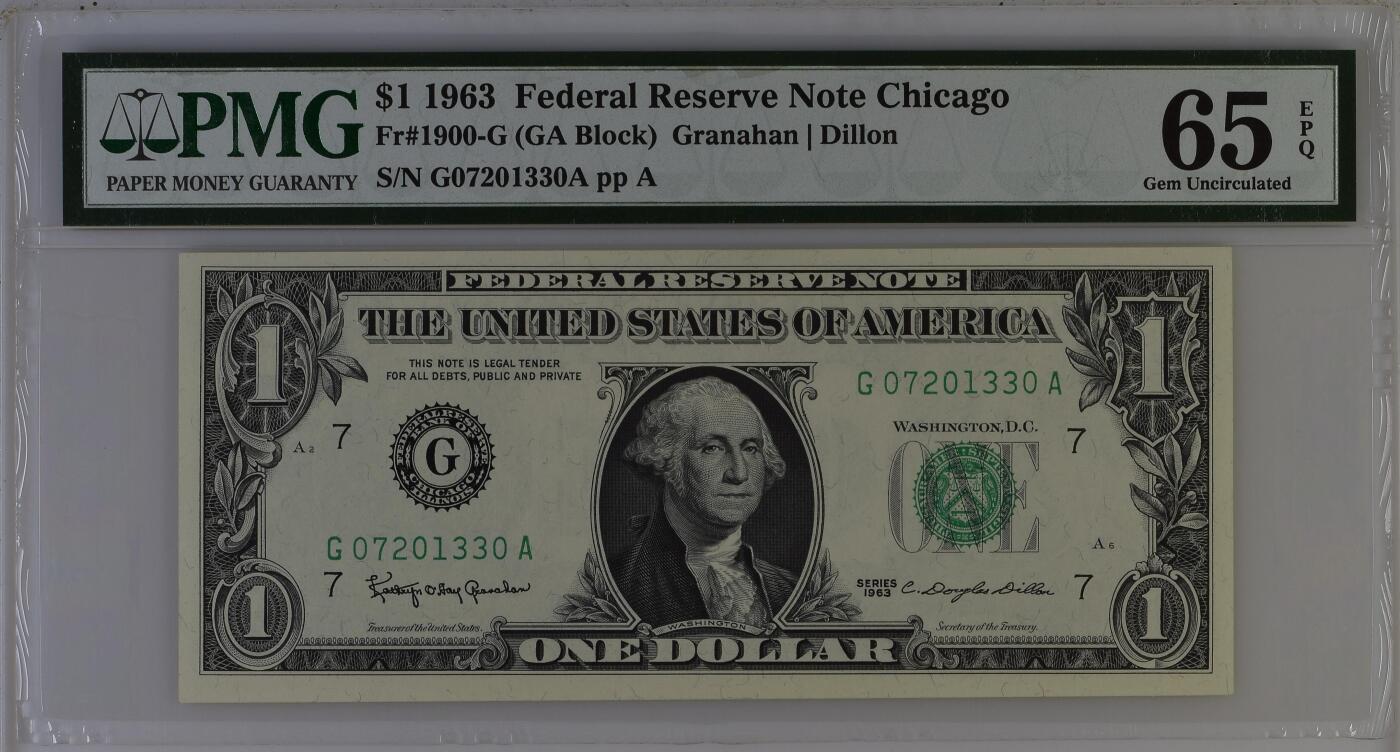 【礼羽收藏】🌏世界钱币拍卖第106期 拍卖延长30分钟 20:00开始 1963年 1美元 号码无4 PMG老壳65EPQ