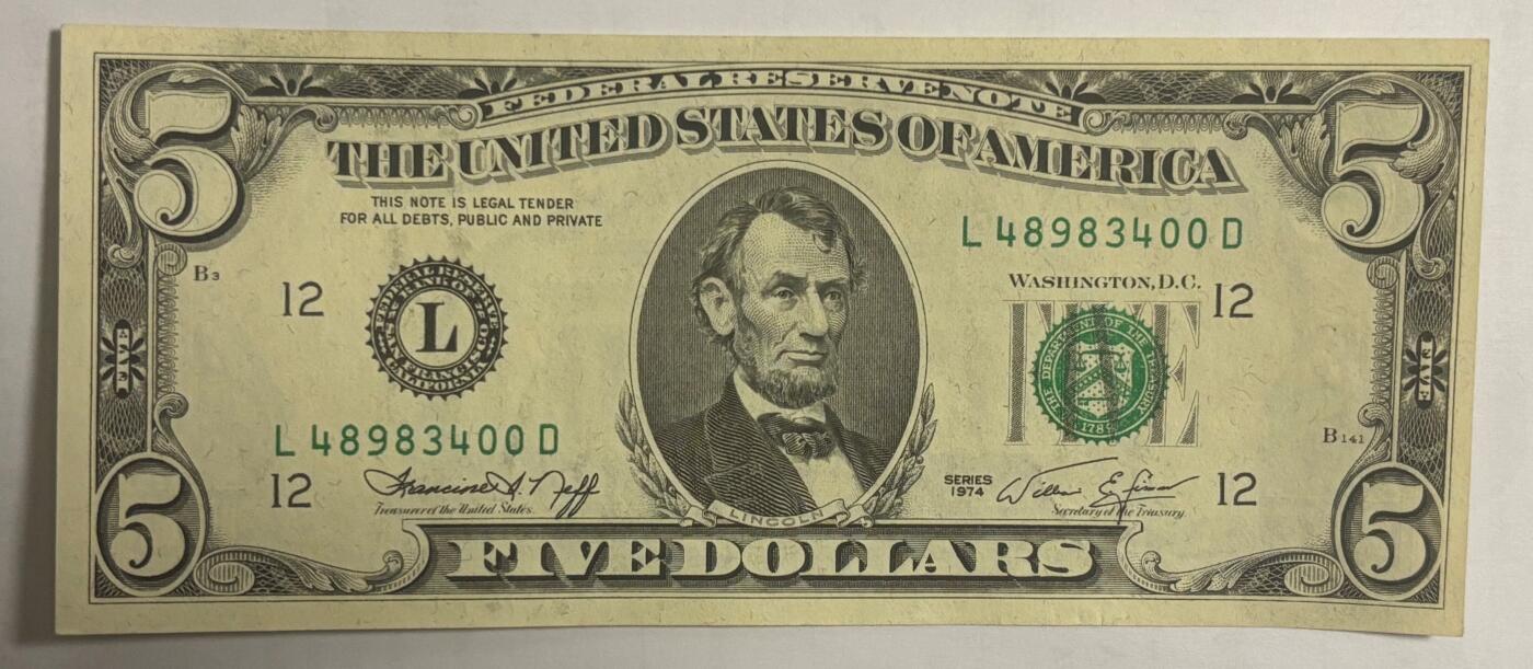 【礼羽收藏】🌏世界钱币拍卖第106期 拍卖延长30分钟 20:00开始 1974年 5美元 双尾00 实物图