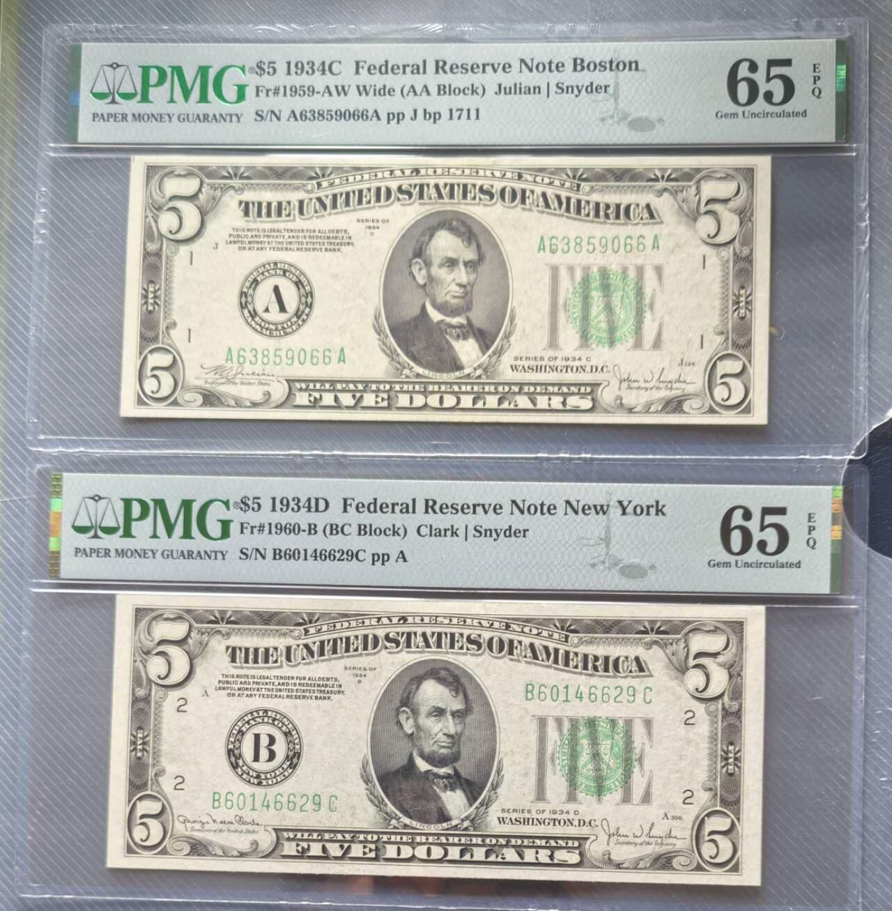 Gem Unc 美国纸币 1934年C版和D版 5美元纸币 Pmg 66E