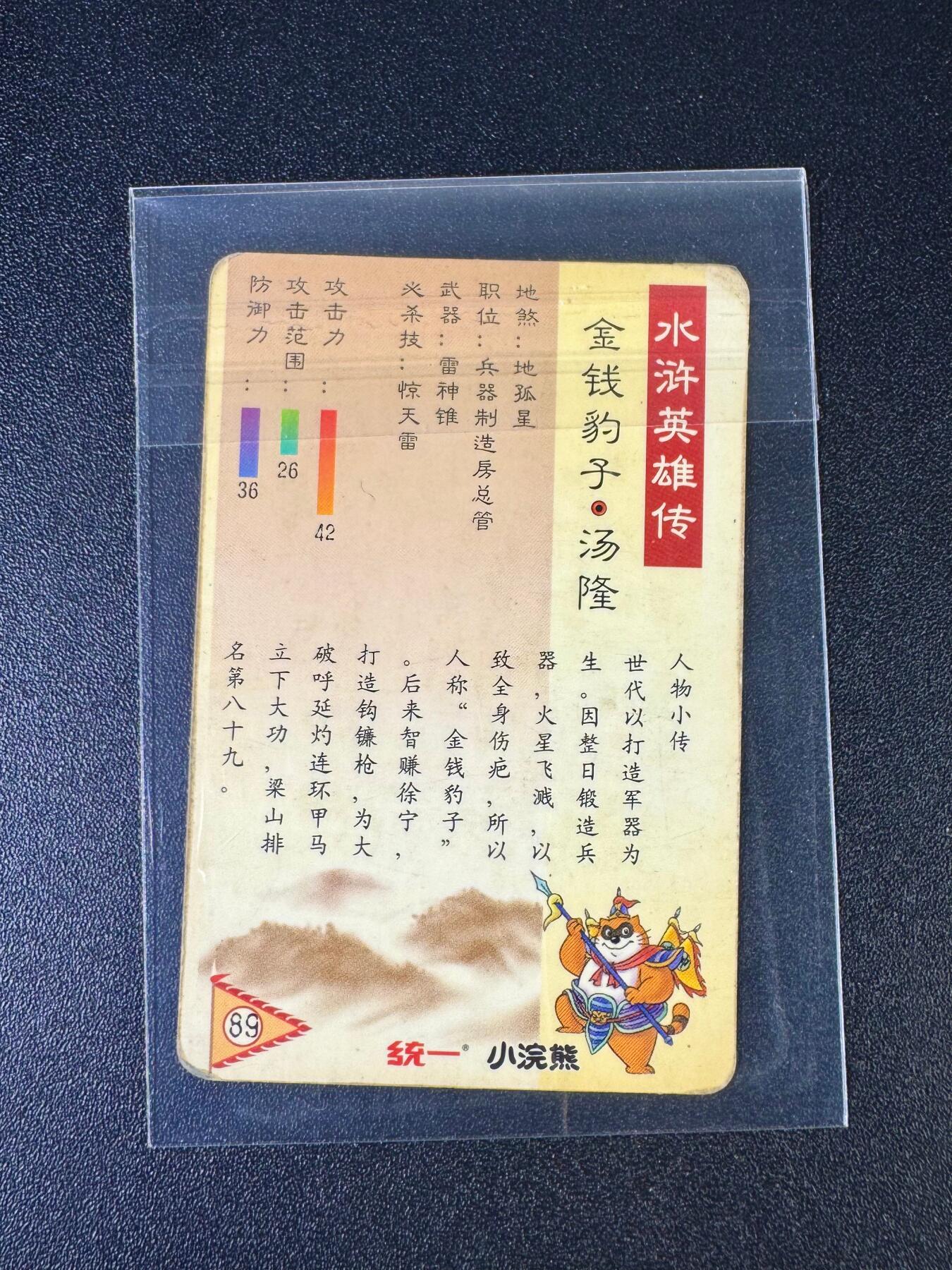 NO.12 好又多金牌大场，金戈铁马+美女如云，每周一站式配齐，方便凑单！（周6晚6点半截拍，卖家送拍0抽成！） 【怀旧经典】小浣熊1999年水浒卡 汤隆 背面无八字（品相如图 品控勿拍）