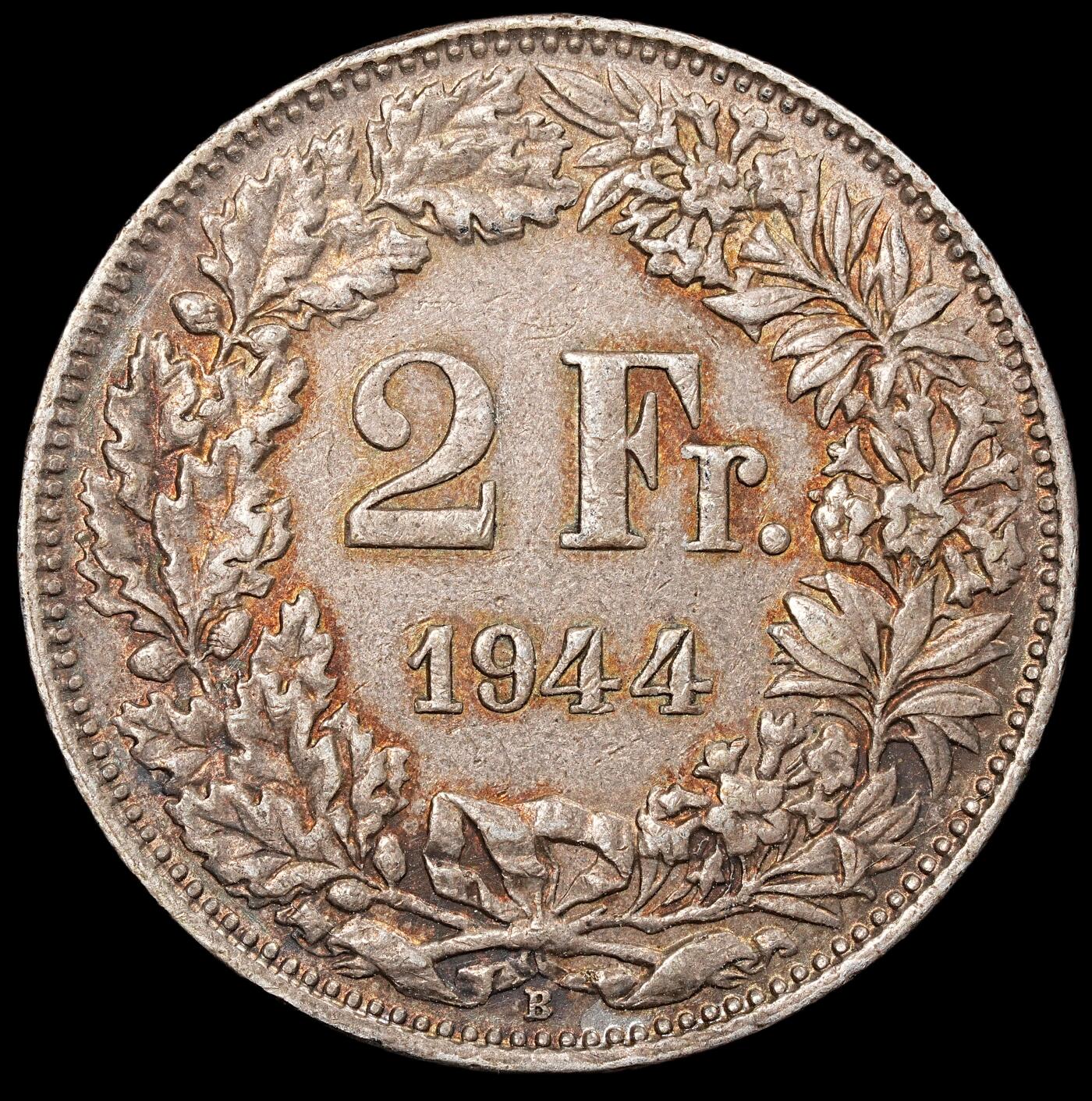 修遠堂世界钱币第八十八期 1944年瑞士2法郎银币  10g，含银83.5%