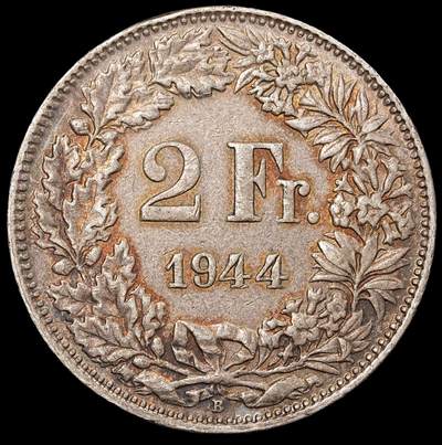 修遠堂世界钱币第八十八期 - 1944年瑞士2法郎银币  10g，含银83.5%