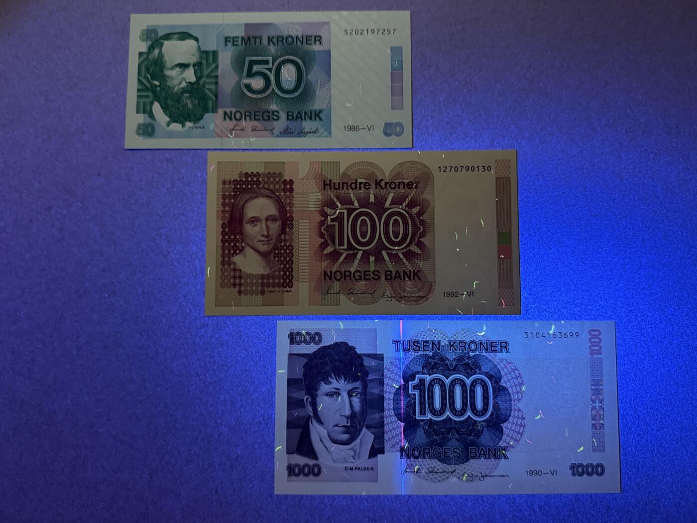 《艾美收藏》第215期-10.12周日外币畅拍 挪威50、100、1000克朗3张 UNC 80-90年代版本 全部原票绝品