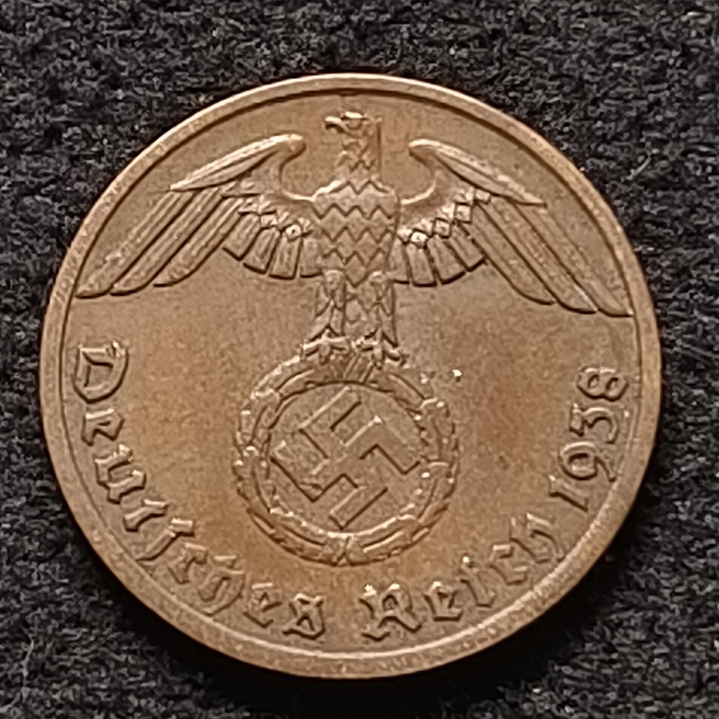 【全场包邮】纯粹捡漏拍468场 德国第三帝国1938年A厂1芬尼铜币