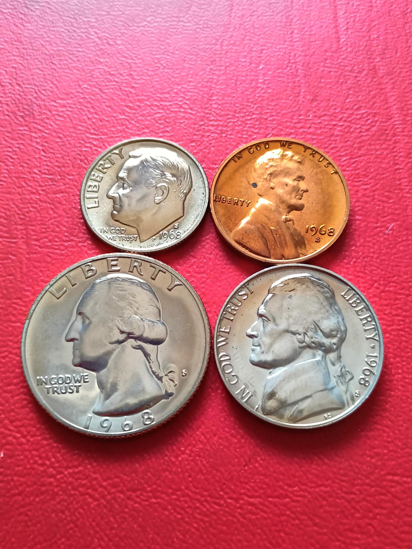 【云涧收藏】第七十场 美国1968年1～25美分S标精制4枚套，UNC
