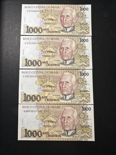 蒂克钱币-第44场 外国平价纸币 自动拍 - 巴西 亚马逊原住民 1000克鲁塞罗纸币4张 全新UNC