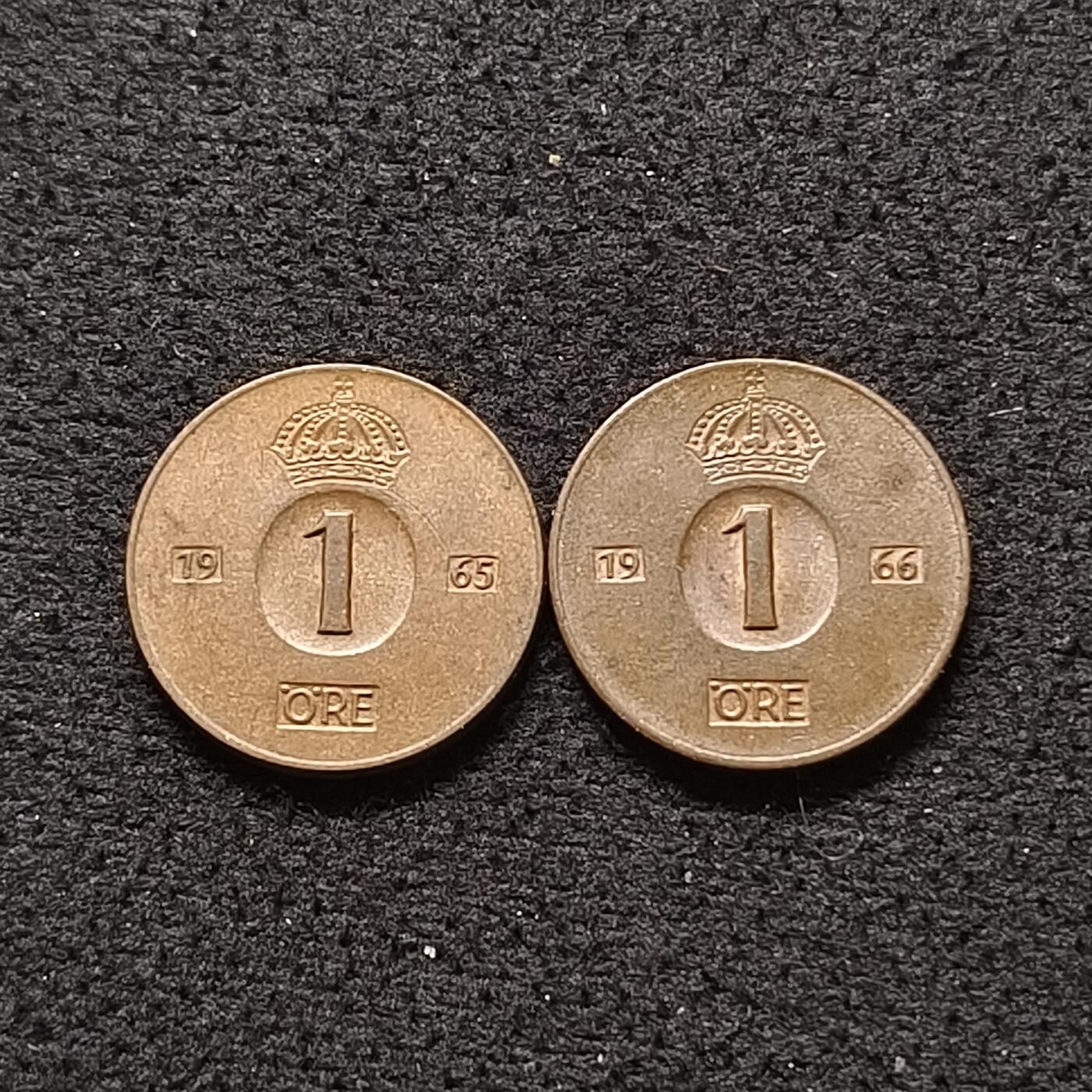 【全场包邮】纯粹捡漏拍468场 瑞典1965-1966年好品1欧尔铜币2枚一组