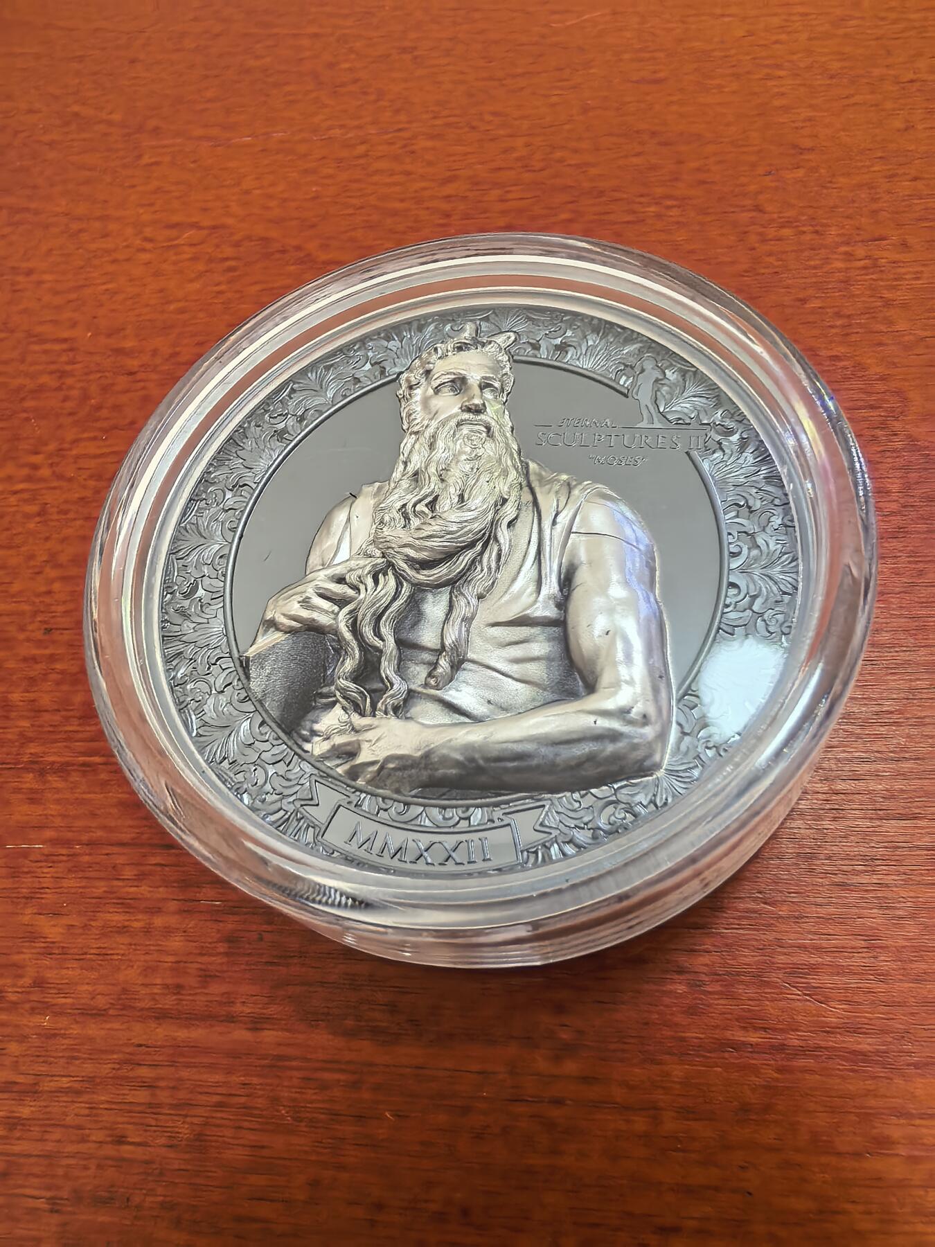 长老汇蛇年精选第六十场拍卖 2022帕劳永恒的雕塑之摩西（米开朗基罗作品）20元超高浮雕彩色精制银币，3盎司999银，盒证全，499枚