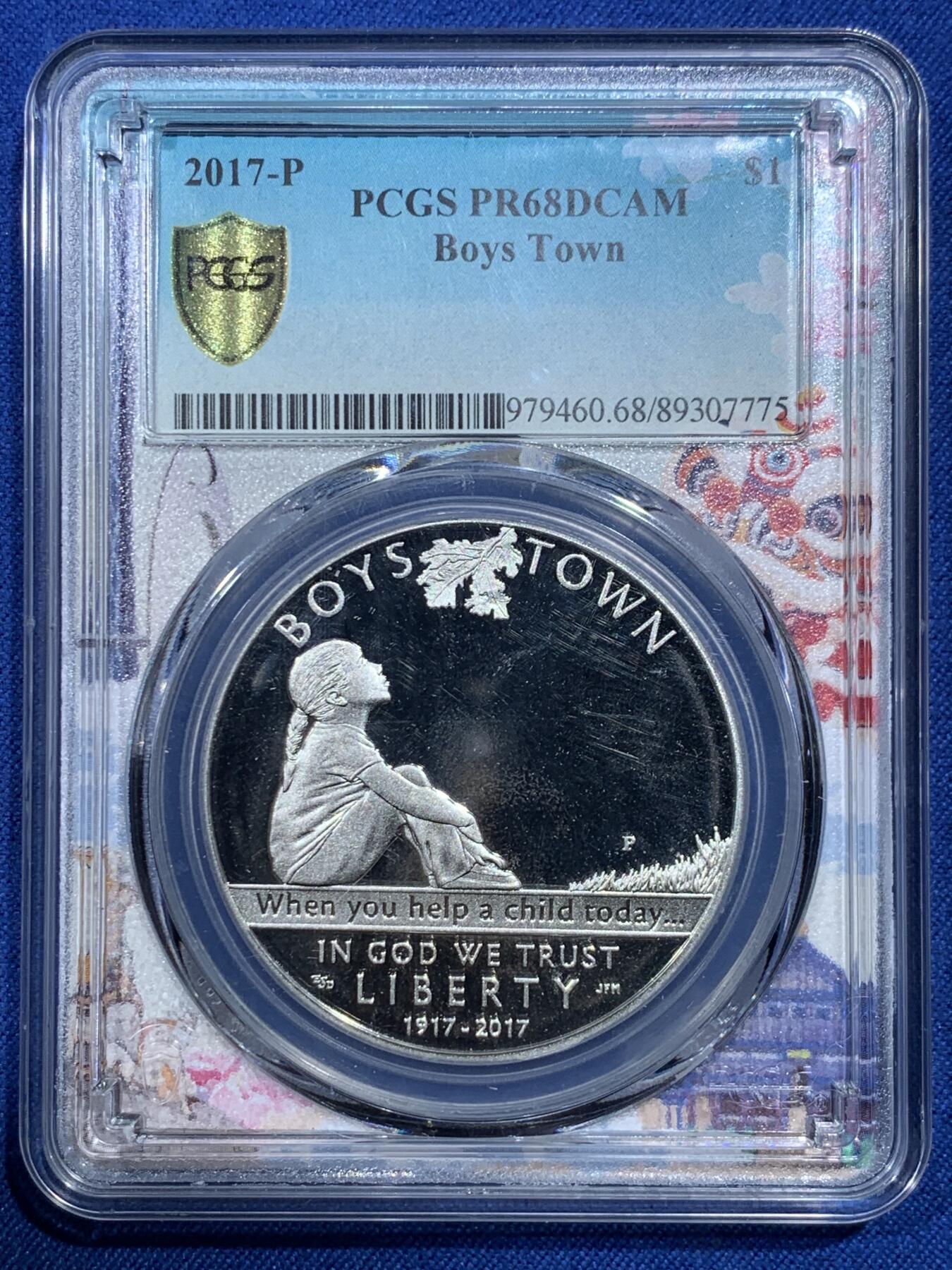 《竞宝斋》第427场 周日，周一  2场连拍 （全场包邮） PCGS PR68DCAM（广州特殊标）美国2017年1美元精制银币 （克劳斯获奖币）男孩镇
