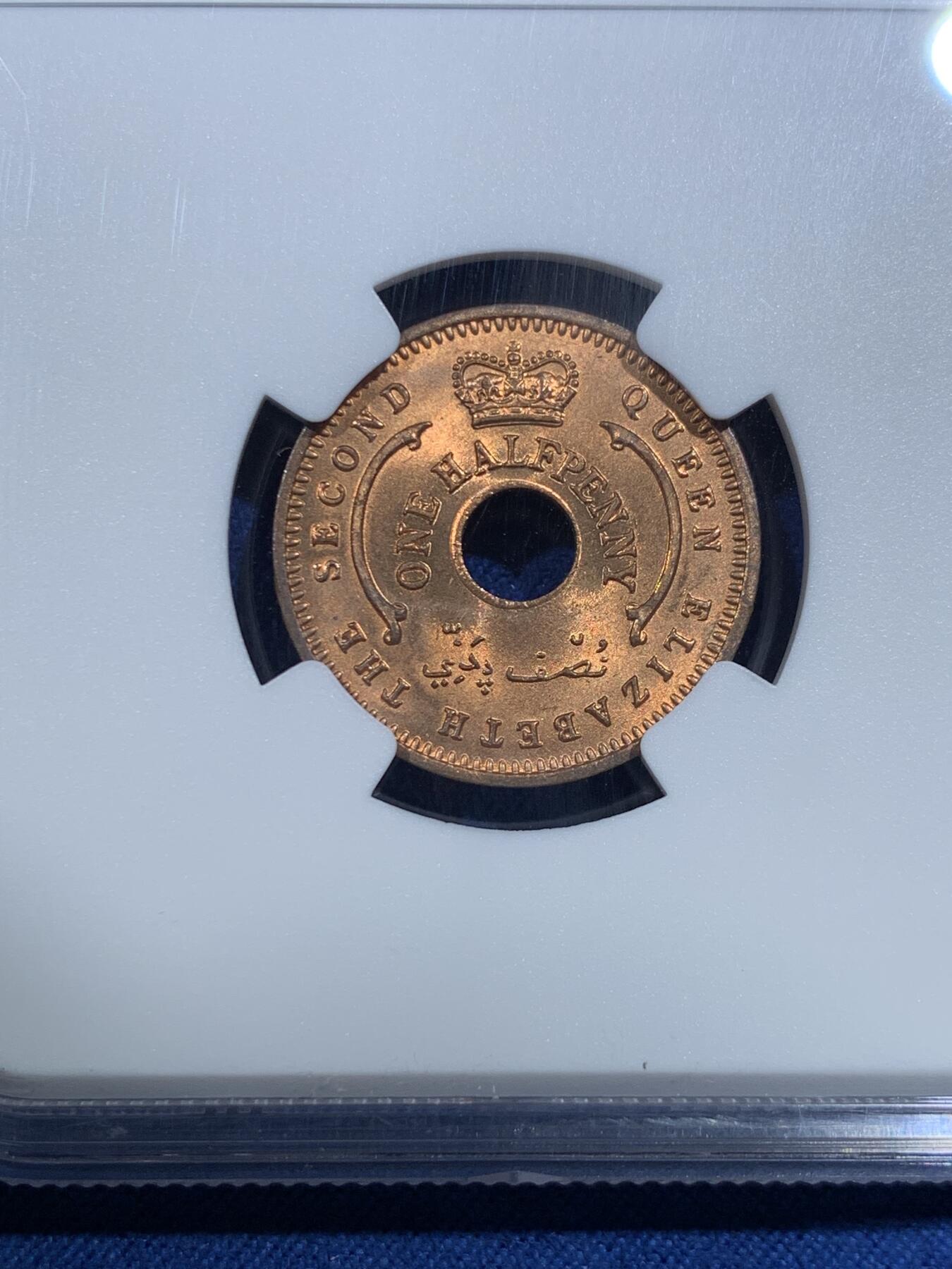 《竞宝斋》第427场 周日，周一  2场连拍 （全场包邮） NGC MS65RD 英属尼日利亚1959年1/2便士铜币 拆卷品高分！