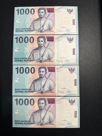 蒂克钱币-第44场 外国平价纸币 自动拍 - 印度尼西亚 1000印尼盾 全新纸币 四枚