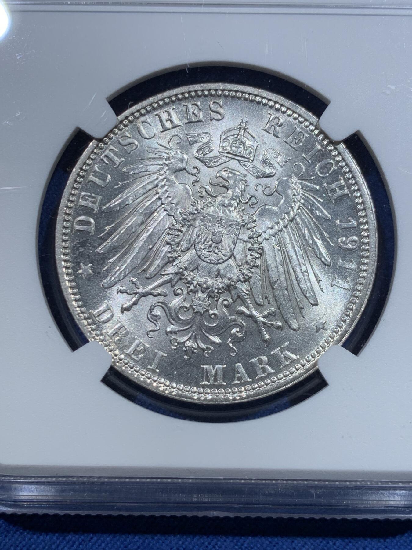 《竞宝斋》第427场 周日，周一  2场连拍 （全场包邮） NGC MS63 德国巴伐利亚1911年D版利奥波德摄政王3马克银币