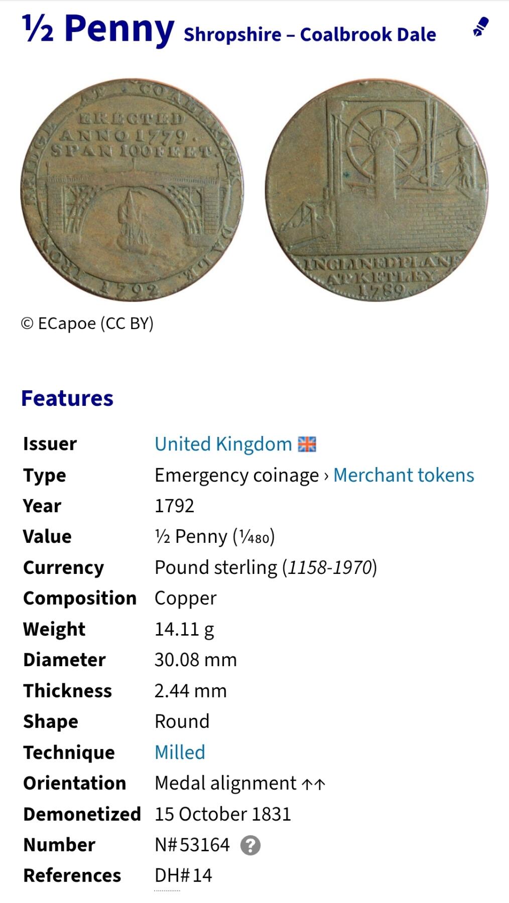 2025年第一百零八场(总第一百三十四场）外国好品散币(免佣金) 英国🇬🇧1792年半便士代币(什罗普郡-科尔布鲁克谷商业代币)