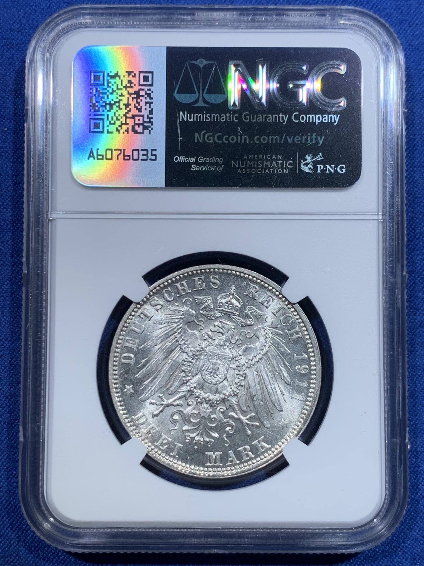 《竞宝斋》第427场 周日，周一  2场连拍 （全场包邮） NGC MS63 德国巴伐利亚1911年D版利奥波德摄政王3马克银币