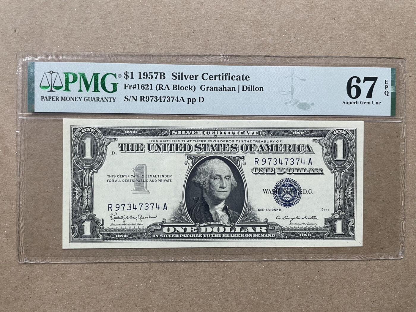 美国1957年B版白银券1美元  RA冠 PMG67EPQ R97347374A