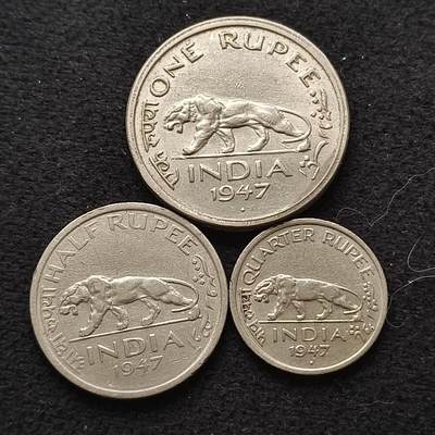 【全场包邮】纯粹捡漏拍468场 - 英属印度1947年猛虎1卢比，1/2卢比，1/4卢比三枚套好品