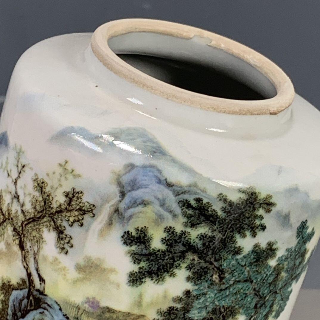 听雨轩 古玩陶瓷 粉彩湖畔渔家茶叶盖罐