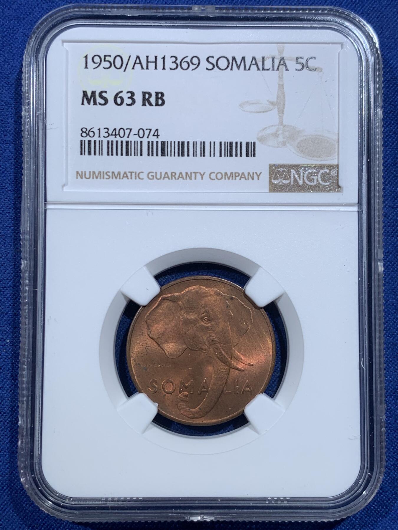 《竞宝斋》第427场 周日，周一  2场连拍 （全场包邮） 三枚一组 NGC MS63RB-65RD 意属索马里1950年1/5/10分铜币 拆卷评级 大象头图案 光线充足 细节优秀