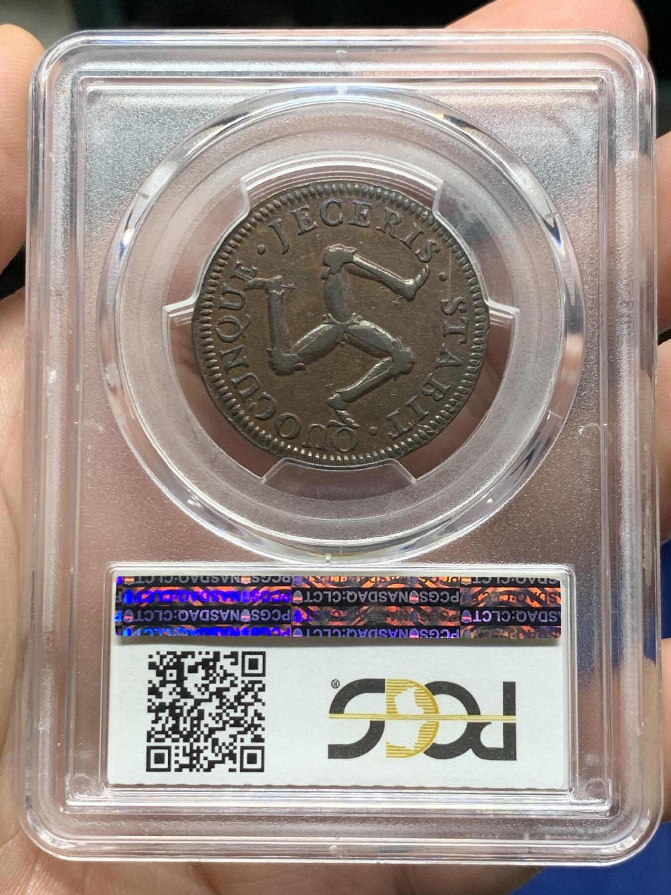 《竞宝斋》第427场 周日，周一  2场连拍 （全场包邮） 季军分 PCGS AU55 英属皇家领地 马恩岛 1758年  詹姆斯·默里时代 半便士铜币 整体状态呈现巧克力包浆 保存下来实属不易 细节见图