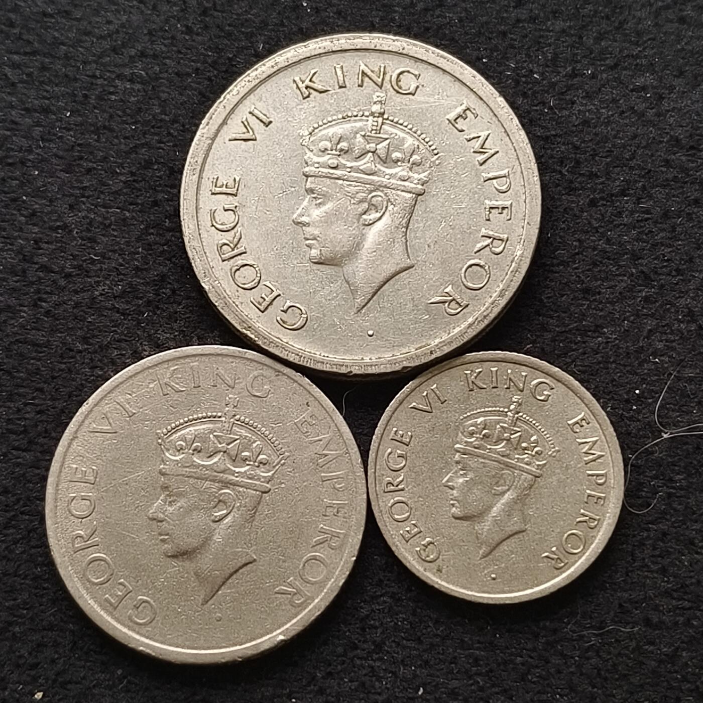 【全场包邮】纯粹捡漏拍468场 英属印度1947年猛虎1卢比，1/2卢比，1/4卢比三枚套好品