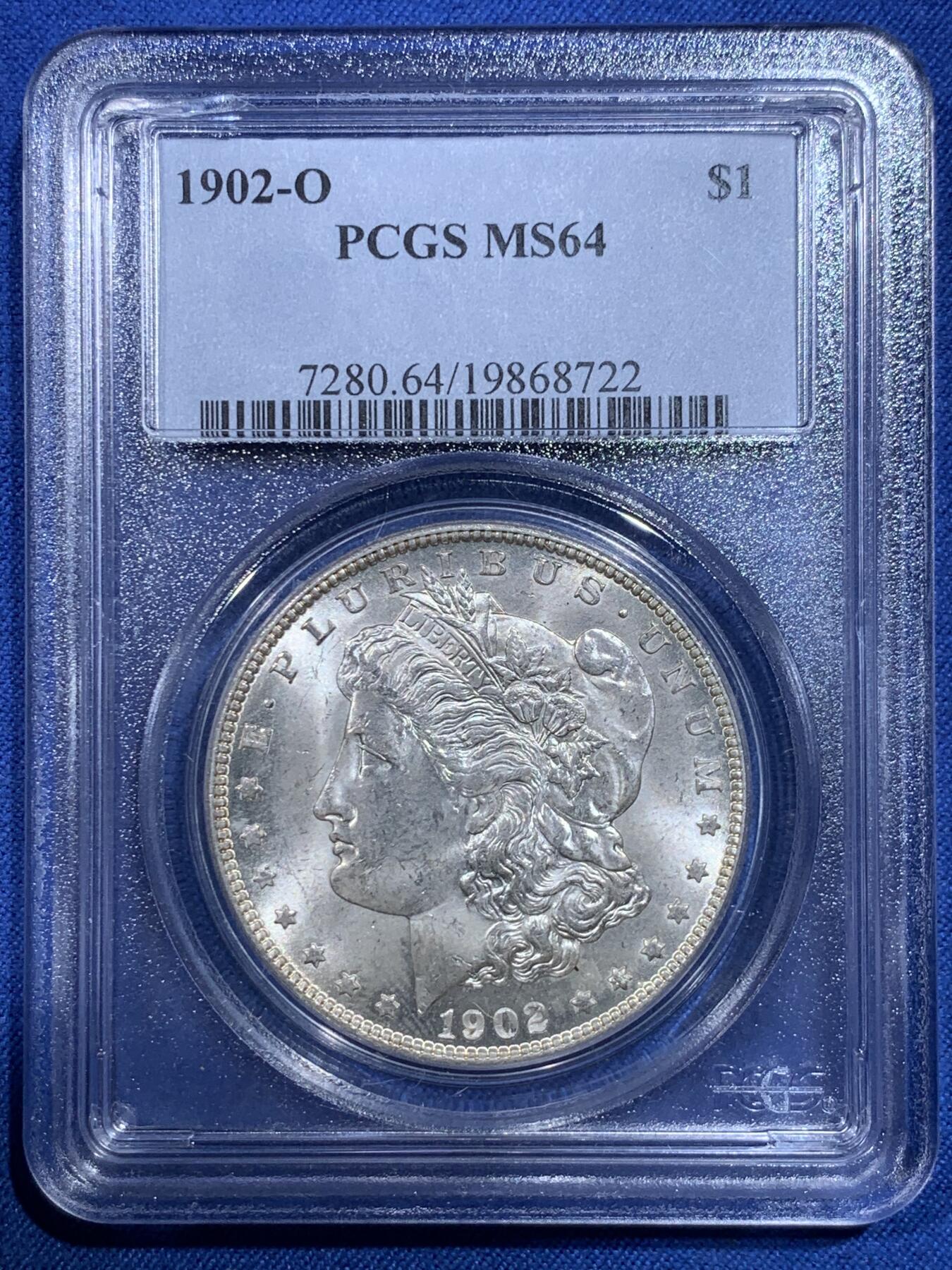 《竞宝斋》第427场 周日，周一  2场连拍 （全场包邮） PCGS MS64 美国1902年O版摩根一元银币 白净好品 上沿支撑架有磕 细节见图