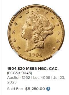 【Blue Auction】世界纸币精拍第735期——18级TOP拍卖/信誉/品质/专业/高效💫 美国 1904年20美金自由女神双鹰大金币 NGC MS65 绝品 33.43克 光感十足 底板似法罗兰绒般细腻 女神发丝清晰 背面鹰的细节高点均非常出彩 13颗星代表了最初的13个殖民地 背标语“In God We Trust”值得收藏 （该款金币诞生于1849年加州淘金热，源于人们对更大面值、更便于交易的货币需求）