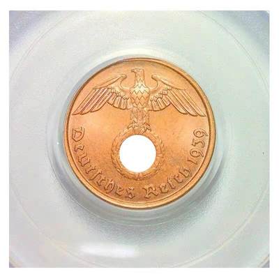 PCGS MS64RB 德国第三帝国1939年G版2芬尼 难得开卷原光 - PCGS MS64RB 德国第三帝国1939年G版2芬尼 难得开卷原光