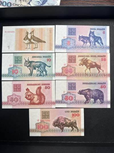 蒂克钱币-第44场 外国平价纸币 自动拍 - 白俄罗斯 动物版纸币7枚 全新UNC
