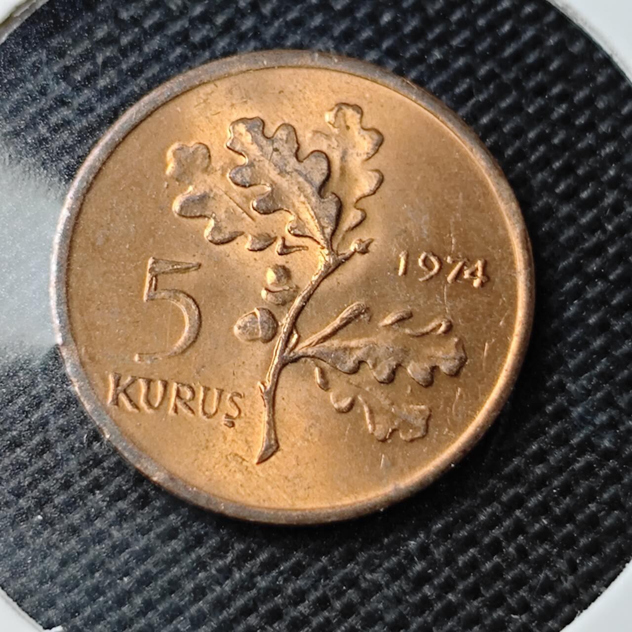 KK钱币收藏小铺 第354场 2月预留时间 周末发货 1974土耳其5库鲁铜币 好品 