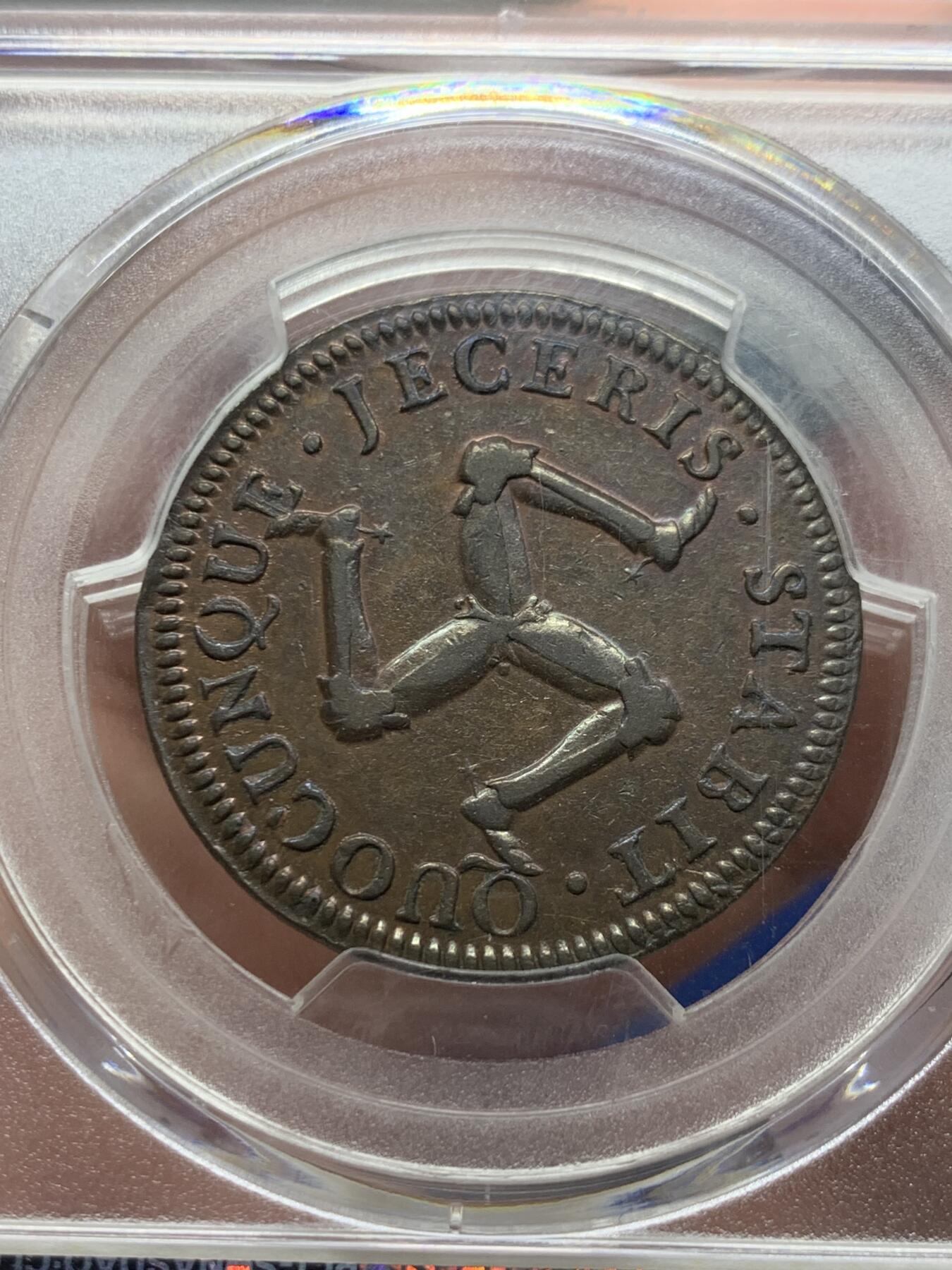 《竞宝斋》第427场 周日，周一  2场连拍 （全场包邮） 季军分 PCGS AU55 英属皇家领地 马恩岛 1758年  詹姆斯·默里时代 半便士铜币 整体状态呈现巧克力包浆 保存下来实属不易 细节见图