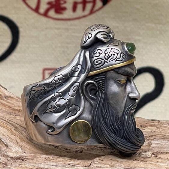 泰银色复古关公戒指